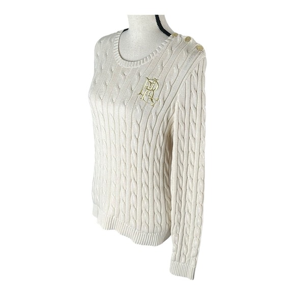 Genuine Lauren Ralph Lauren button‎ Trim Cable Knit Sweater -ivory Watch Sz L - Picture 5 of 16
